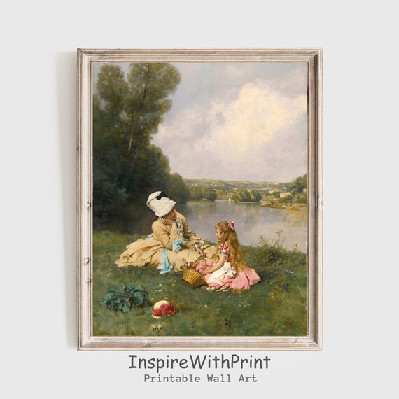 Vintage Mother and Daughter Picnic by the Lake Classic Painting Art Poster