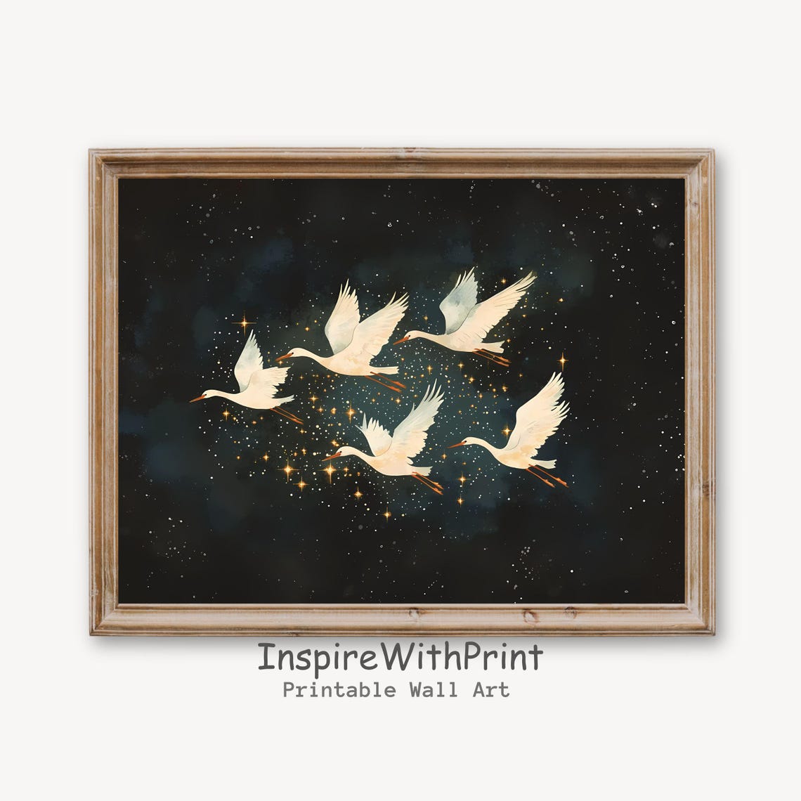 Five White Cranes Starry Night Sky Japanese Minimal Bird Poster