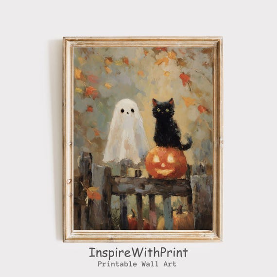 Black Cat Halloween Print, Autumn Cottagecore Decor