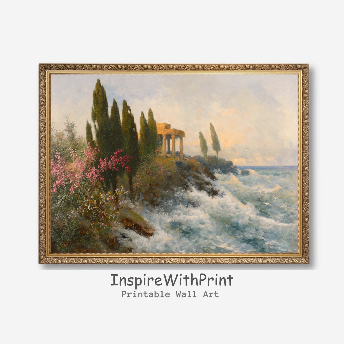 Mediterranean Seaside Temple Ruin Vintage Oil Painting Coast Poster