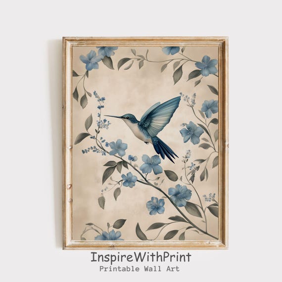 Vintage Hummingbird Print Moody Bird Lover Gift Blue Wall Art Cottage Core Grand Millennial