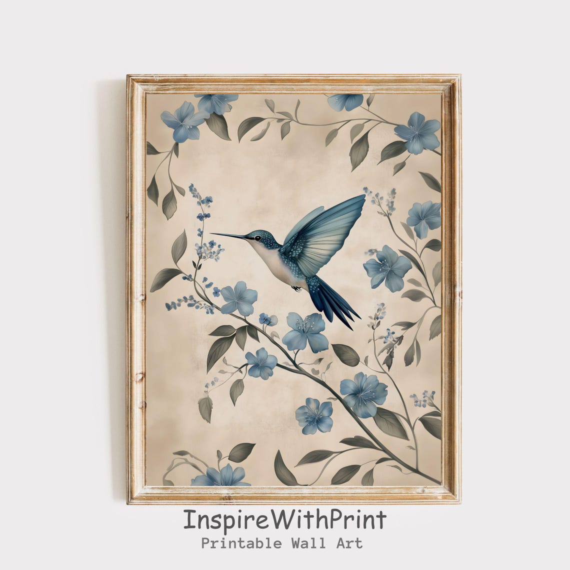 Blue Hummingbird Among Blue Flowers Vintage Botanical Poster