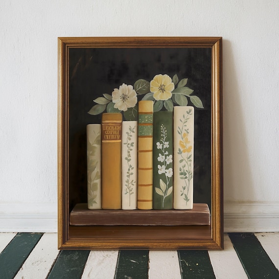Vintage Book Stack Oil Painting With White Flowers Fine Art Print