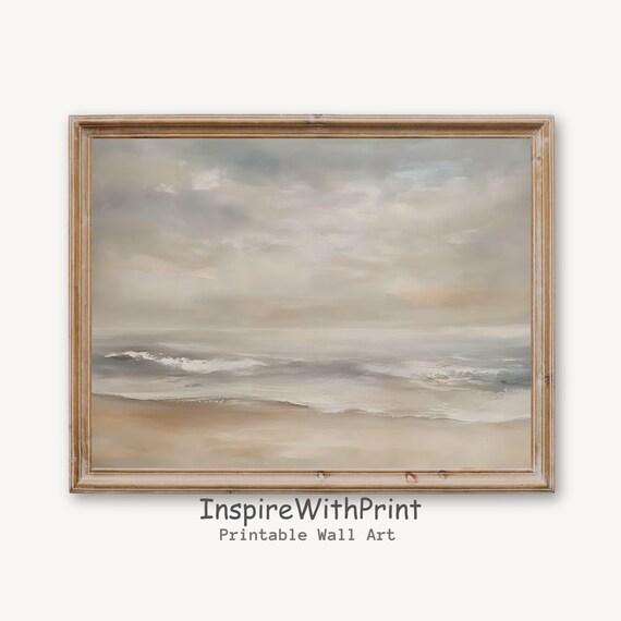 Neutral Beige Beach Ocean Waves Minimalist Vintage Coastal Art Poster