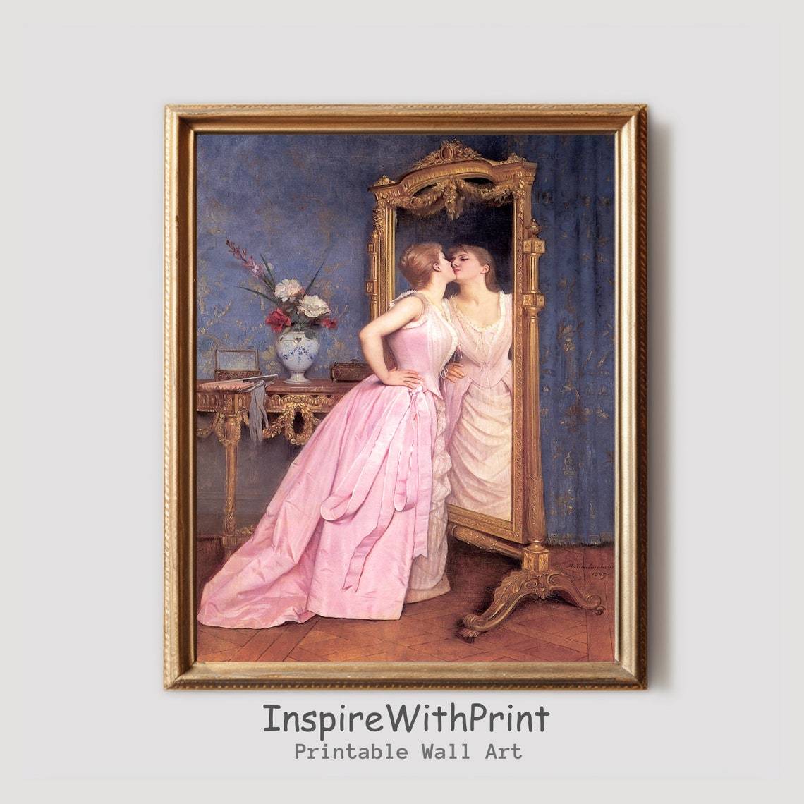 Woman Looking In The Mirror Painting Moody Portrait Print Antique Art Feminist Vintage Fashion Wall