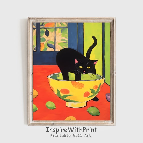 Matisse Cat With Fruit Bowl, Black Art Print