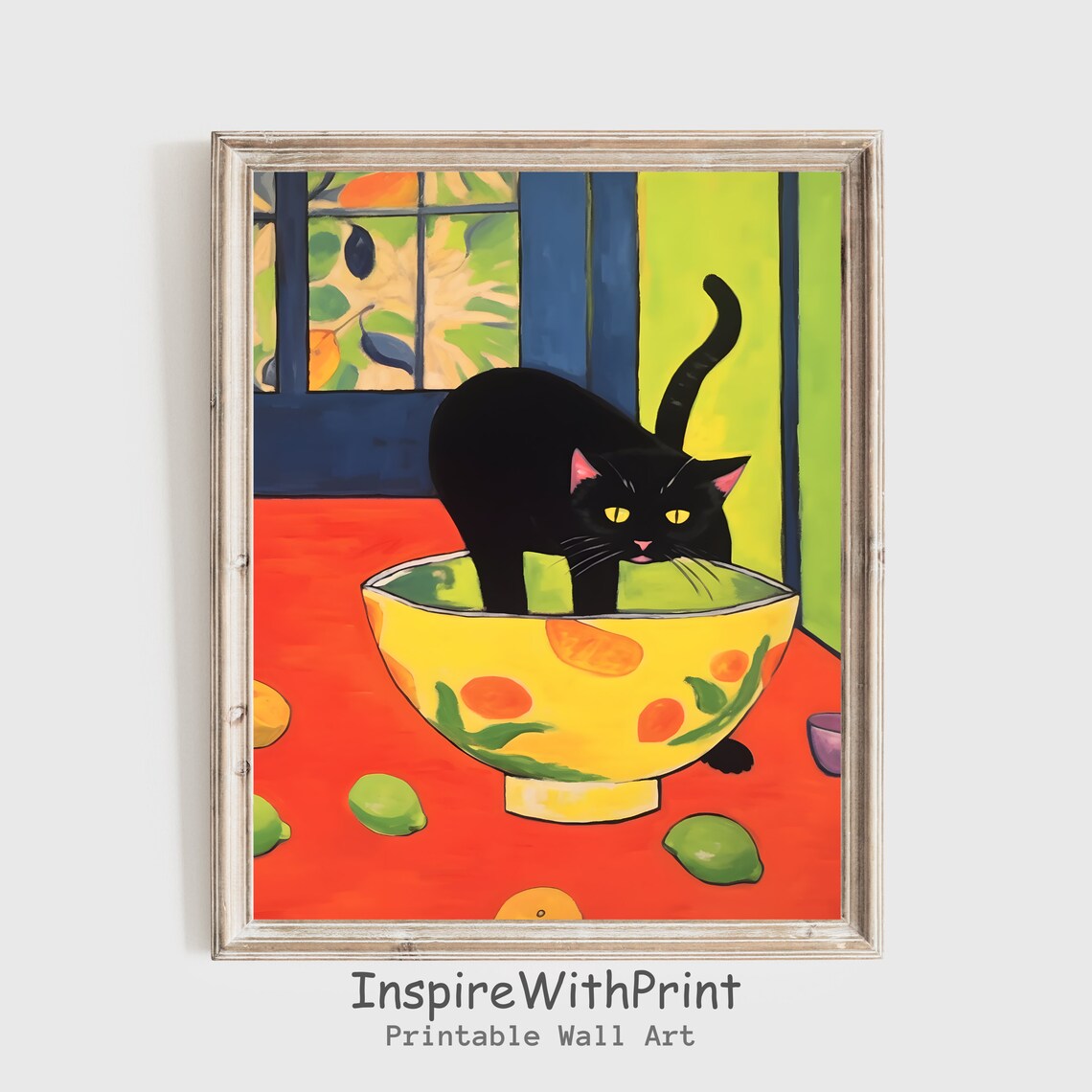 Matisse Cat With Fruit Bowl, Black Art Print