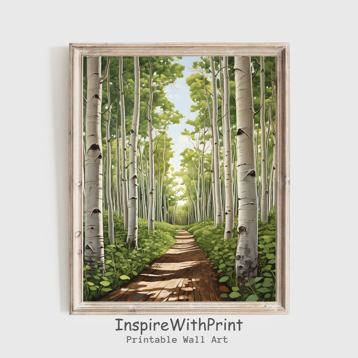 Aspen Tree Tunnel Green Forest Painting Print With Woodland Path