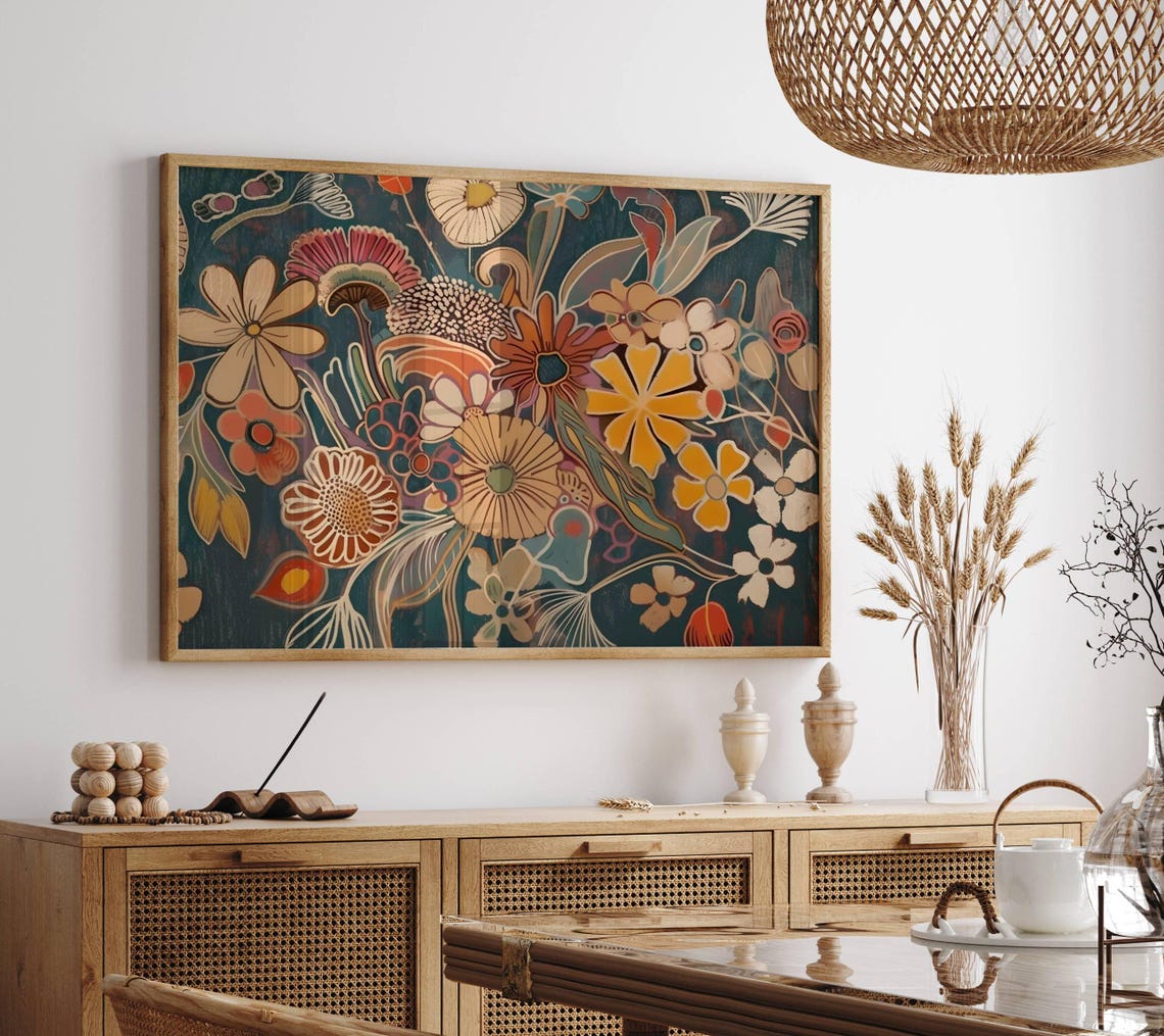 Midcentury Boho Flower Bouquet Warm Blooms Dark Teal Wall Poster