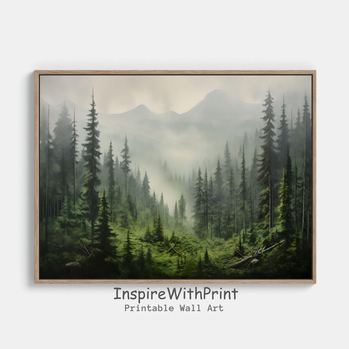 Misty Pine Forest Winter Landscape Vintage Style Nature Poster