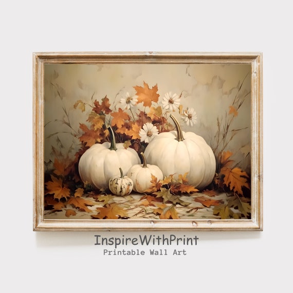 Vintage Pumpkins Wall Art And Fall Leaves Print Farmhouse Autumn Decor Pumpkin Still Life Painting