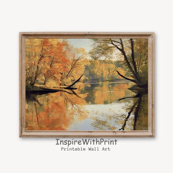 Vintage Autumn Landscape Print Fall Trees Wall Art Moody Scenery Nature Painting Decor