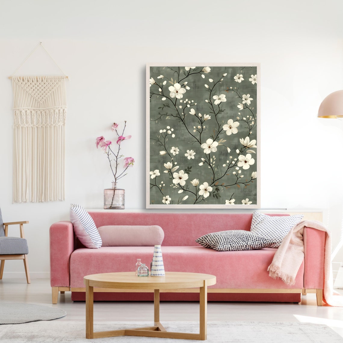 White Magnolia Blossom Branches on Sage Green Botanical Poster