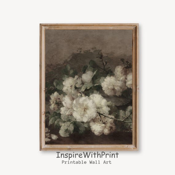 Moody White Flower Still Life Painting Vintage Rose Art Dark Wall Antique Print Neutral Floral Decor