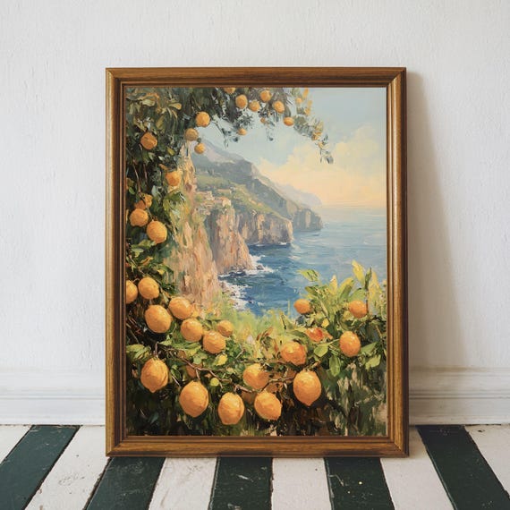 Mediterranean Landsacpe With Lemons Print Italian Seascape Wall Art Coastal Kitchen Moody Lemon Summer