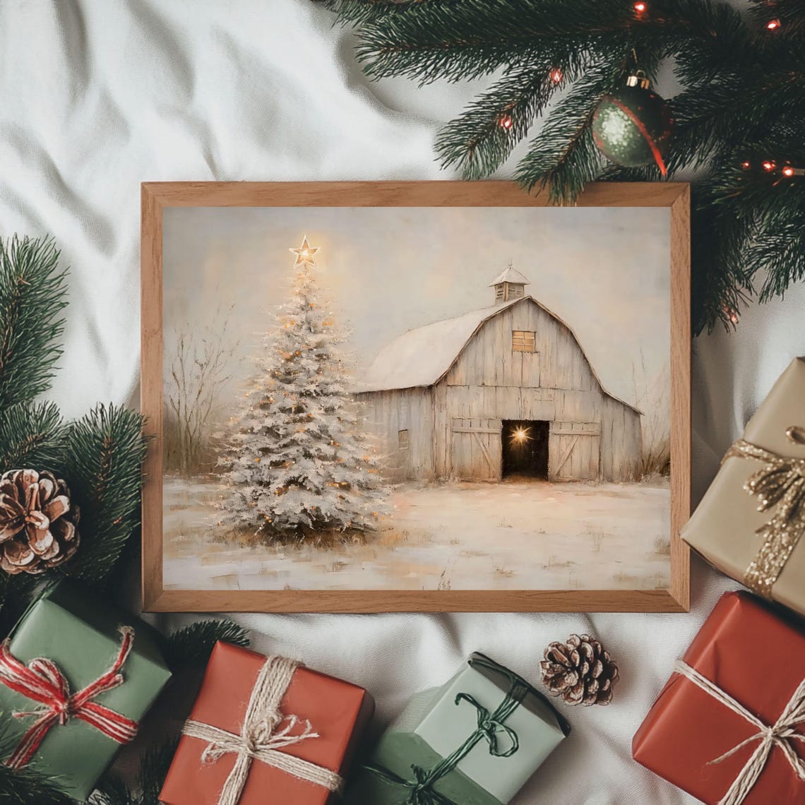Christmas Barn Winter Farm Scene Poster With Snowy Pine Tree Art