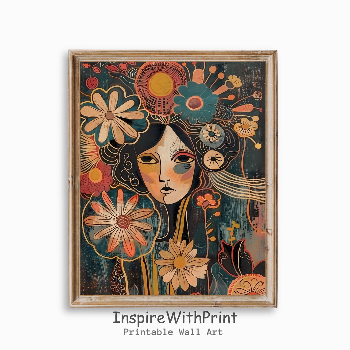 Boho Abstract Woman With Flower Art Print, MCM Decor