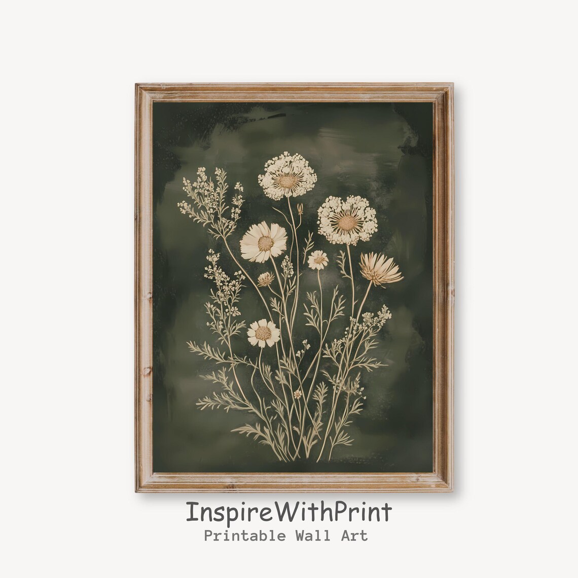 Moody Wildflowers Cream Daisies Dark Green Vintage Floral Poster