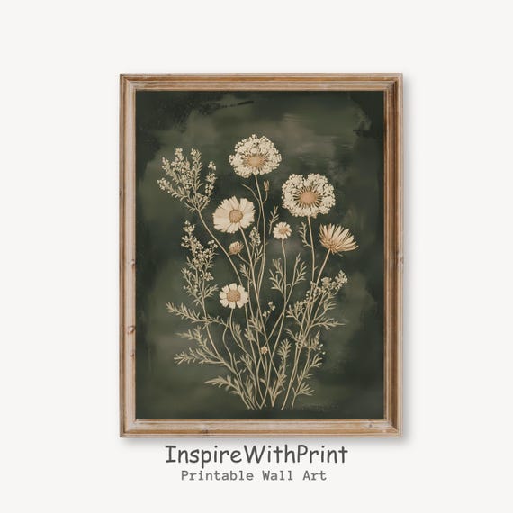 Boho Floral Emerald Green Wall Art Moody Wildflowers Print Vintage Style Flower Neutral Botanical Decor