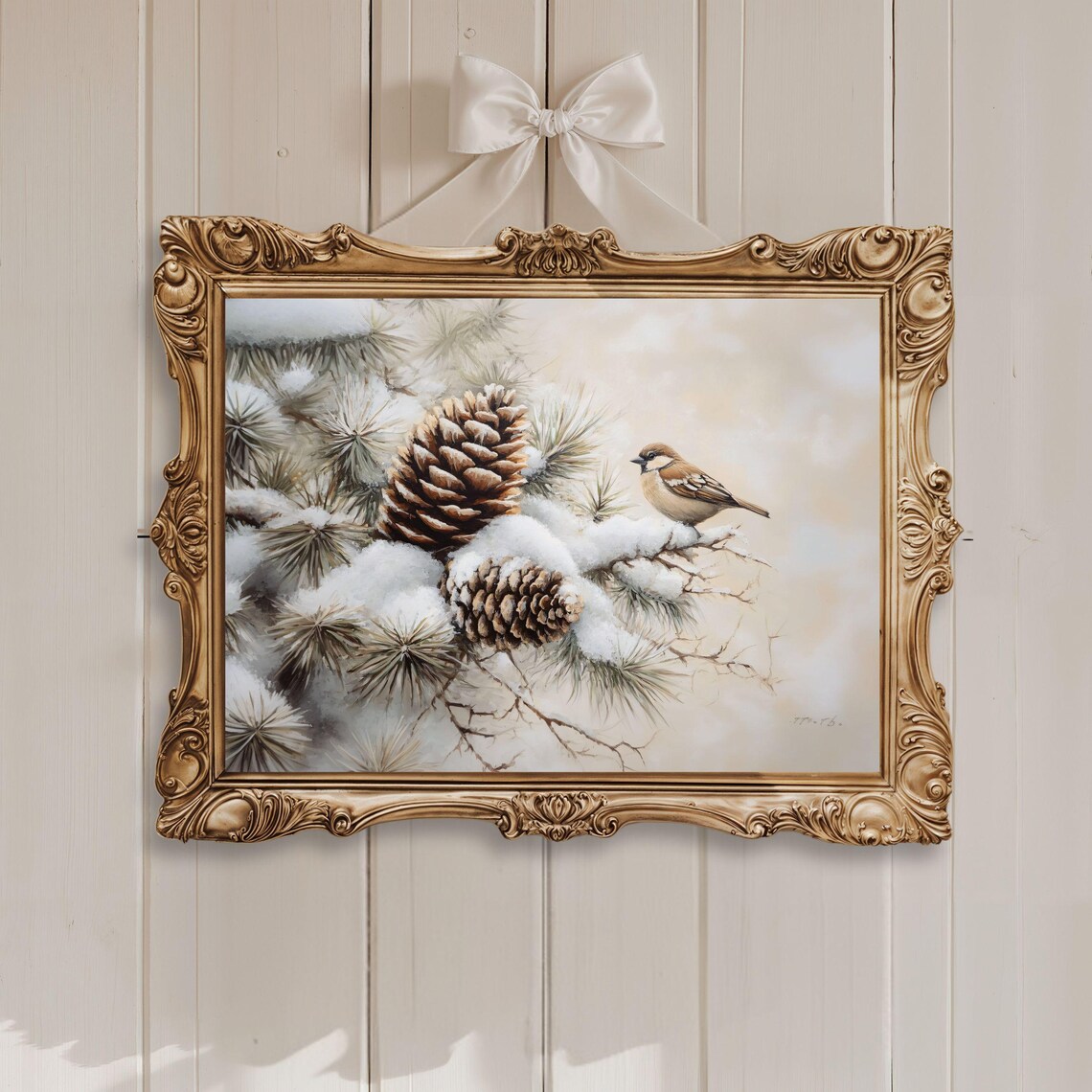 Vintage Winter Bird Print, Neutral Farmhouse Decor