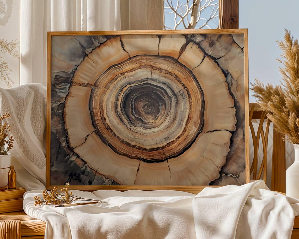 Neutral Beige Tree Rings Cross Section Abstract Nature Wall Art