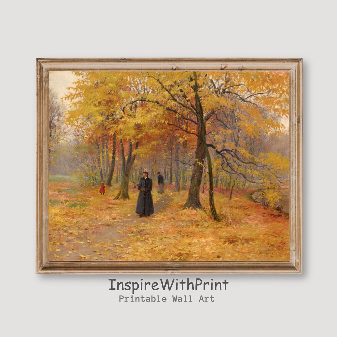 Vintage Autumn Park Print of a Woman Walking in Golden Woods