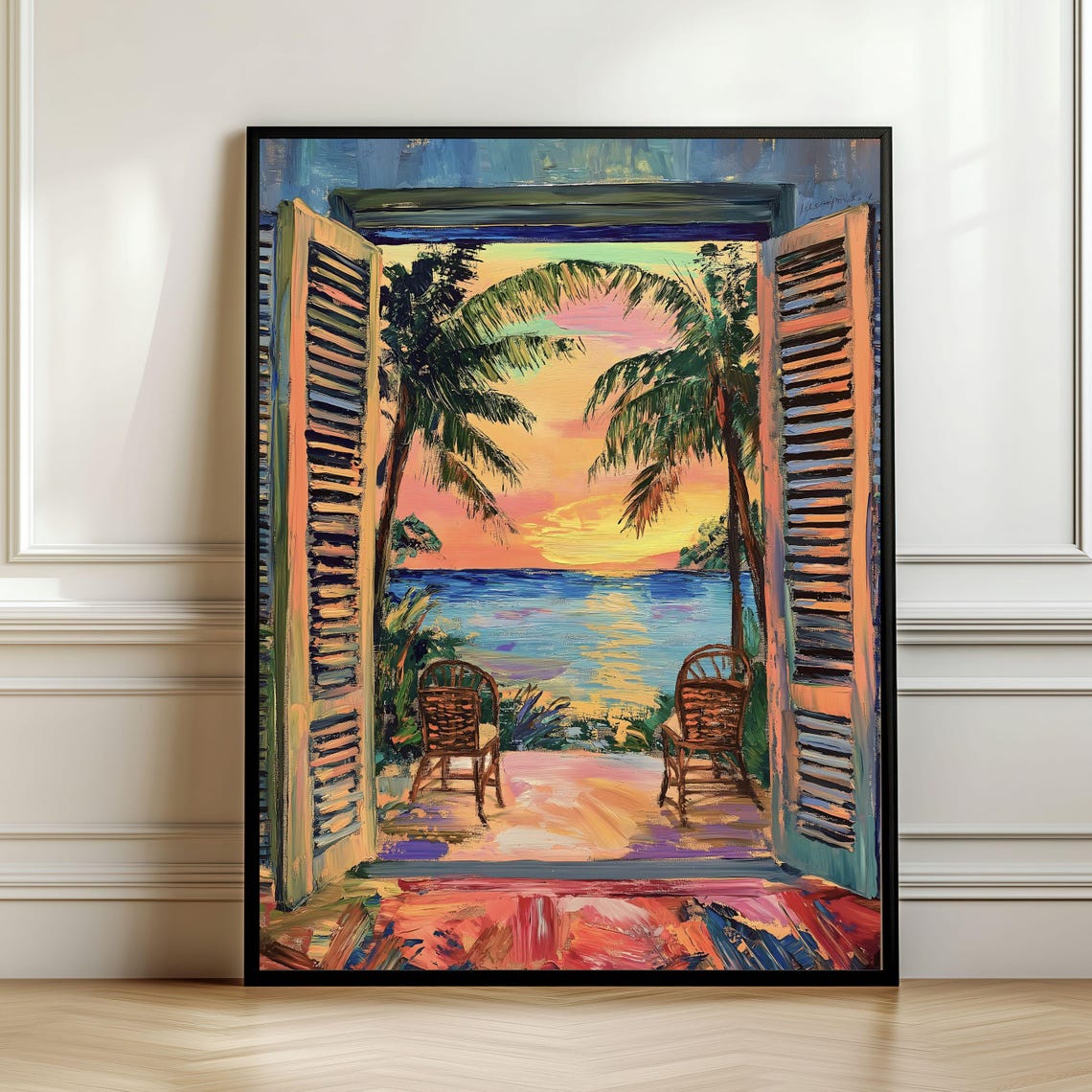Tropical Sunset Ocean View Through Open Window Shutters Poster
