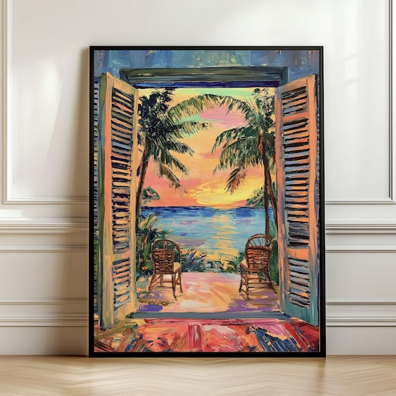 Tropical Sunset Ocean View Through Open Window Shutters Poster