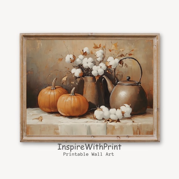 Vintage Pumpkins Still Life Painting Rustic Farmhouse Wall Art Moody Autumn Decor Pumpkin And Cotton Flowers Print