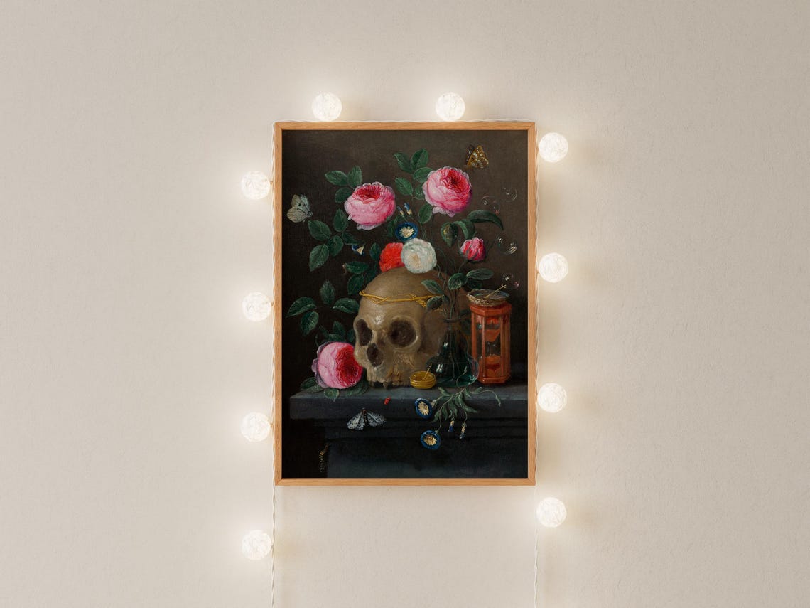 Vanitas Still Life Skull With Roses Classic Oil Painting Wall Art - Image 4
