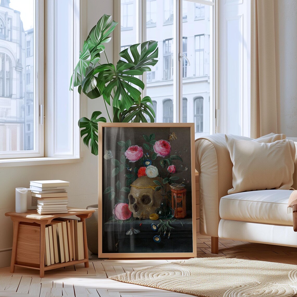 Vanitas Still Life Skull With Roses Classic Oil Painting Wall Art - Image 3