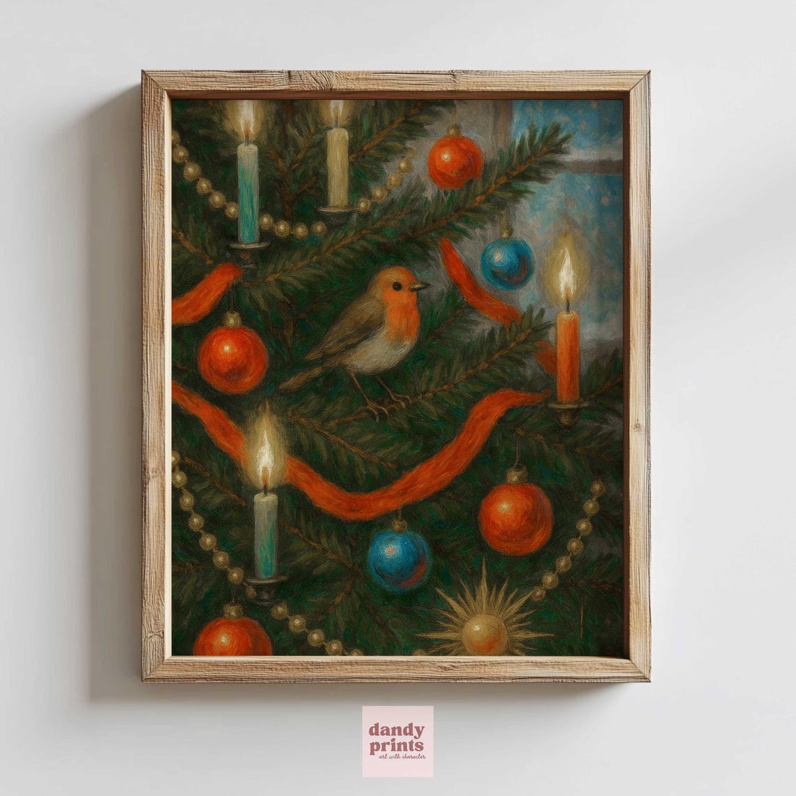 Robin Among Candlelit Christmas Branches Cozy Holiday Art Poster
