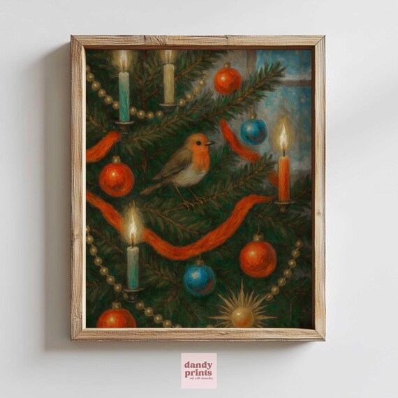 Robin Among Candlelit Christmas Branches Cozy Holiday Art Poster