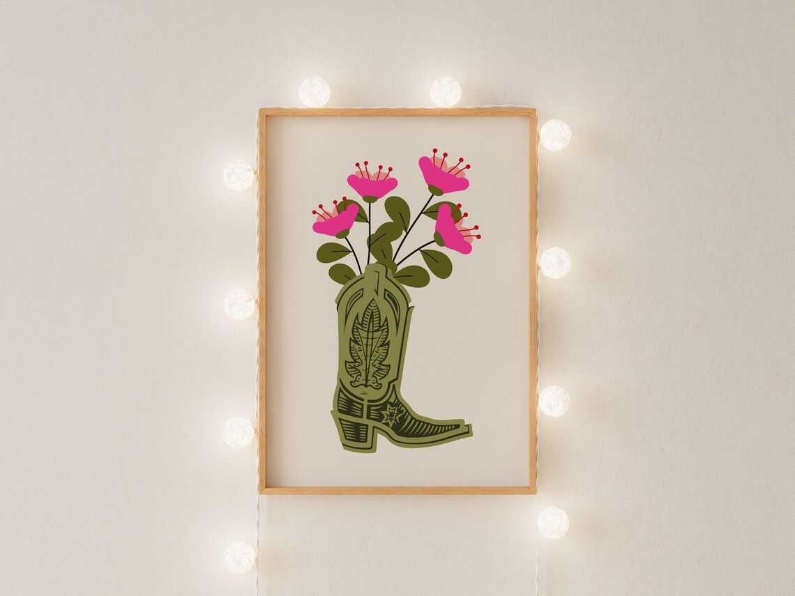 Cowboy Boot Pink Flowers Western Floral Sage Green Art Poster - Image 2