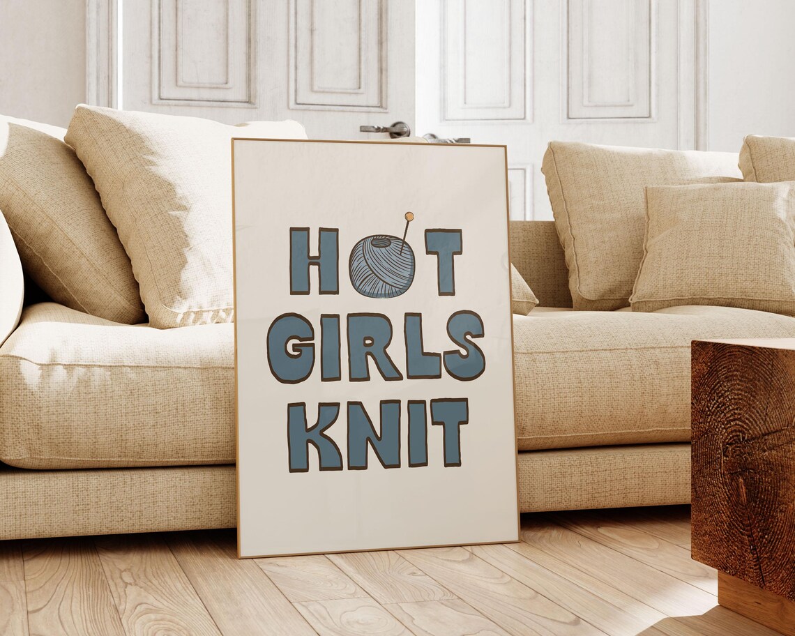 Hot Girls Knit Funny Yarn Ball Teal Typography Cozy Craft Poster - Image 4