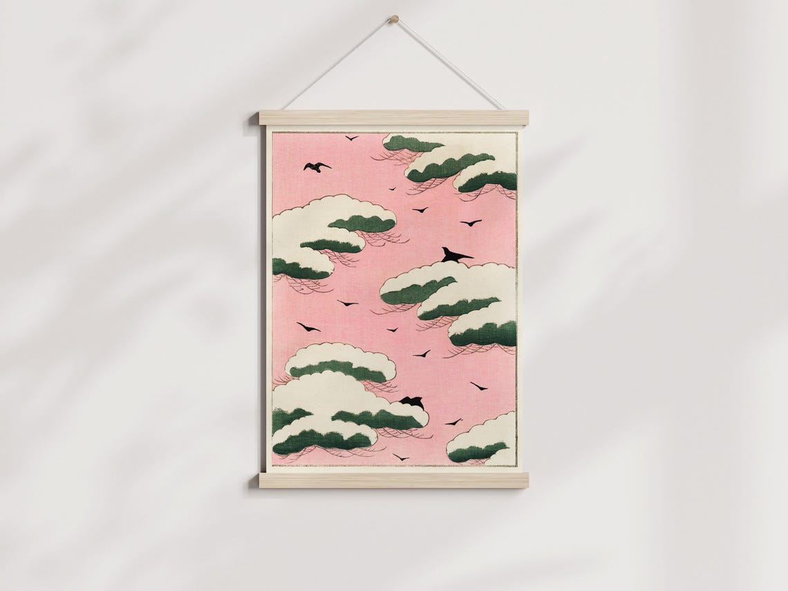Vintage Japanese Art Pink Sky Illustration Wall Art Home Decor - Image 2