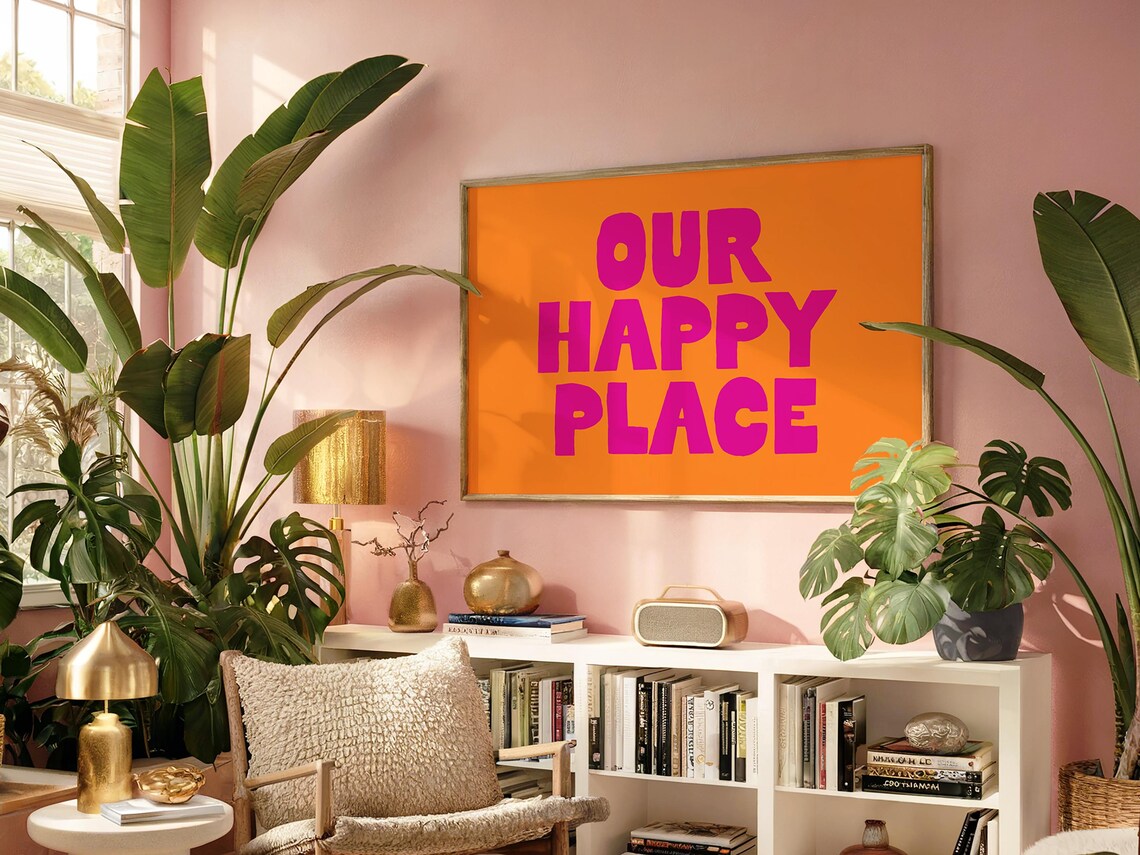 Our Happy Place Bold Pink Orange Living Room Wall Quote Poster - Image 3