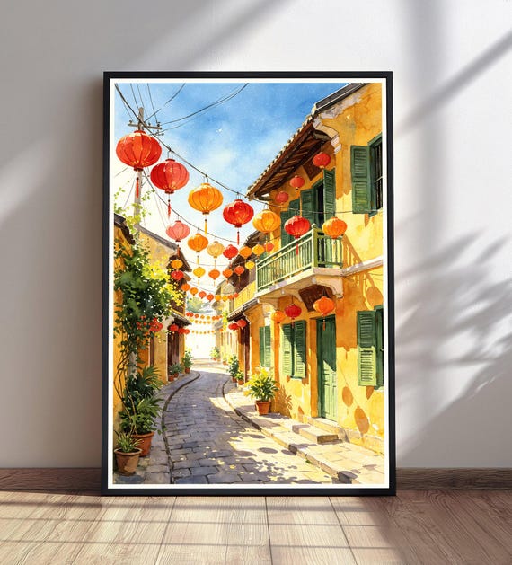 Lantern Street Watercolor Print Narrow Alley Painting Yellow Building Wall Art Vibrant Cityscape