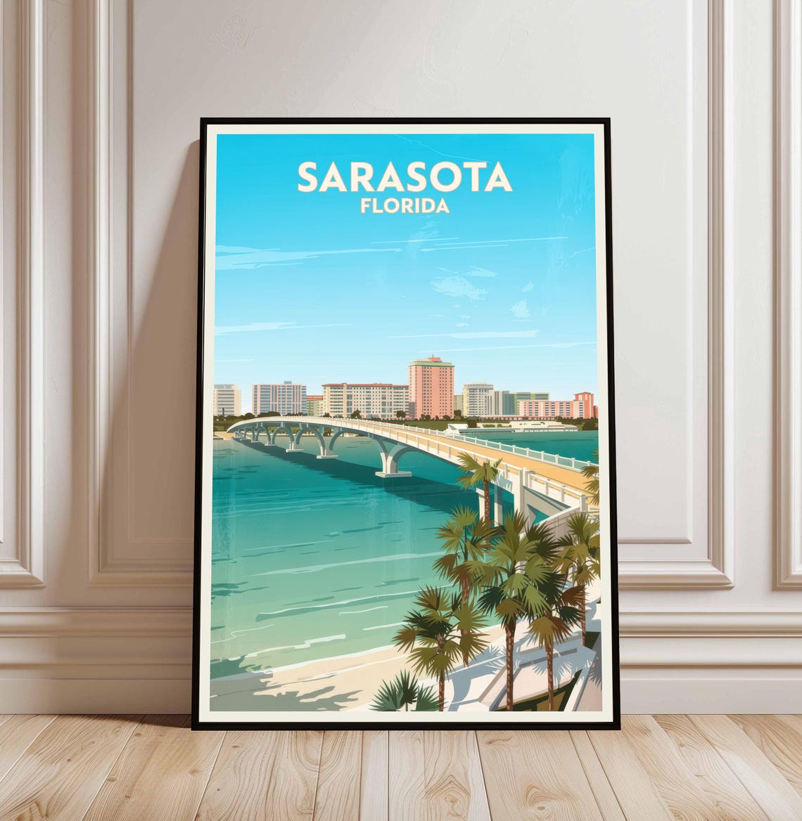 Sarasota Florida Bayfront Bridge Palms Skyline Vintage Travel Poster