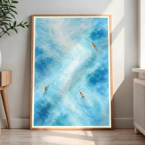 Abstract Water Print Aerial Swimmers Kayaking Blue Wall Art Watercolor Style