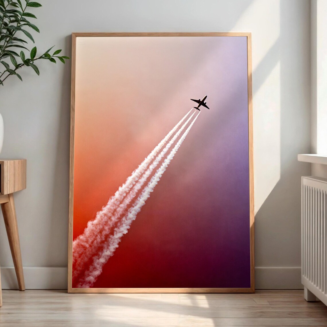 Airplane Silhouette, Sunset Contrails Aviation Decor