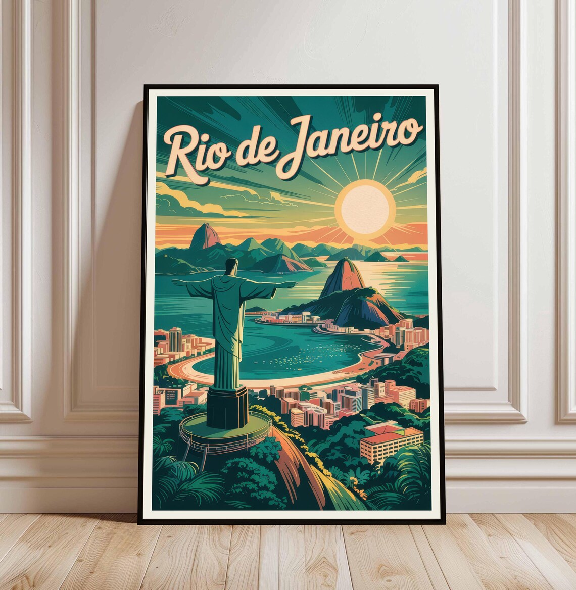 Rio de Janeiro Christ the Redeemer Vintage Sunset Travel Poster