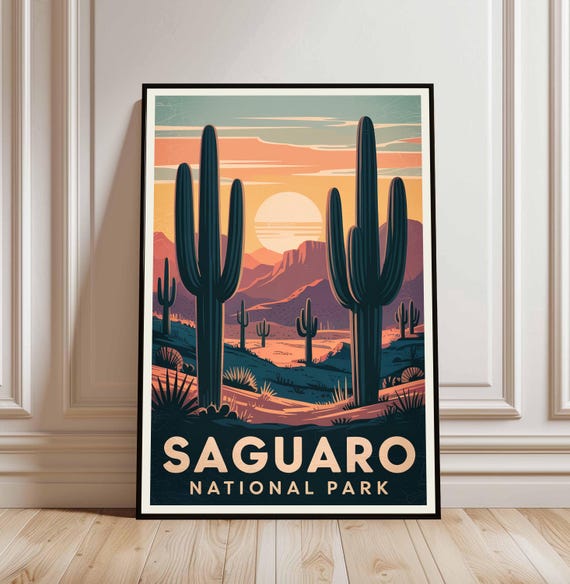 Vintage Saguaro Cactus Art Print, Retro Desert