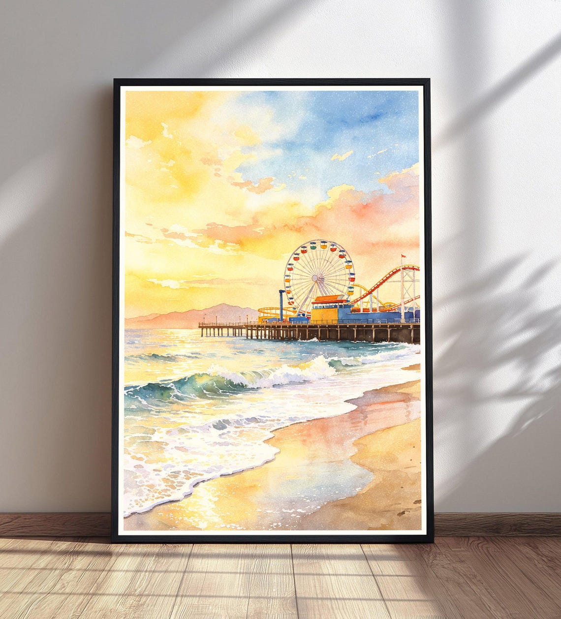 Beach Pier Sunset Watercolor Print Ferris Wheel Roller Coaster Wall Art Coastal Amusement Decor
