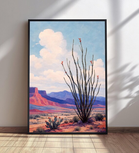 Blooming Ocotillo Cactus Desert Red Rock Canyon Southwest Art Poster