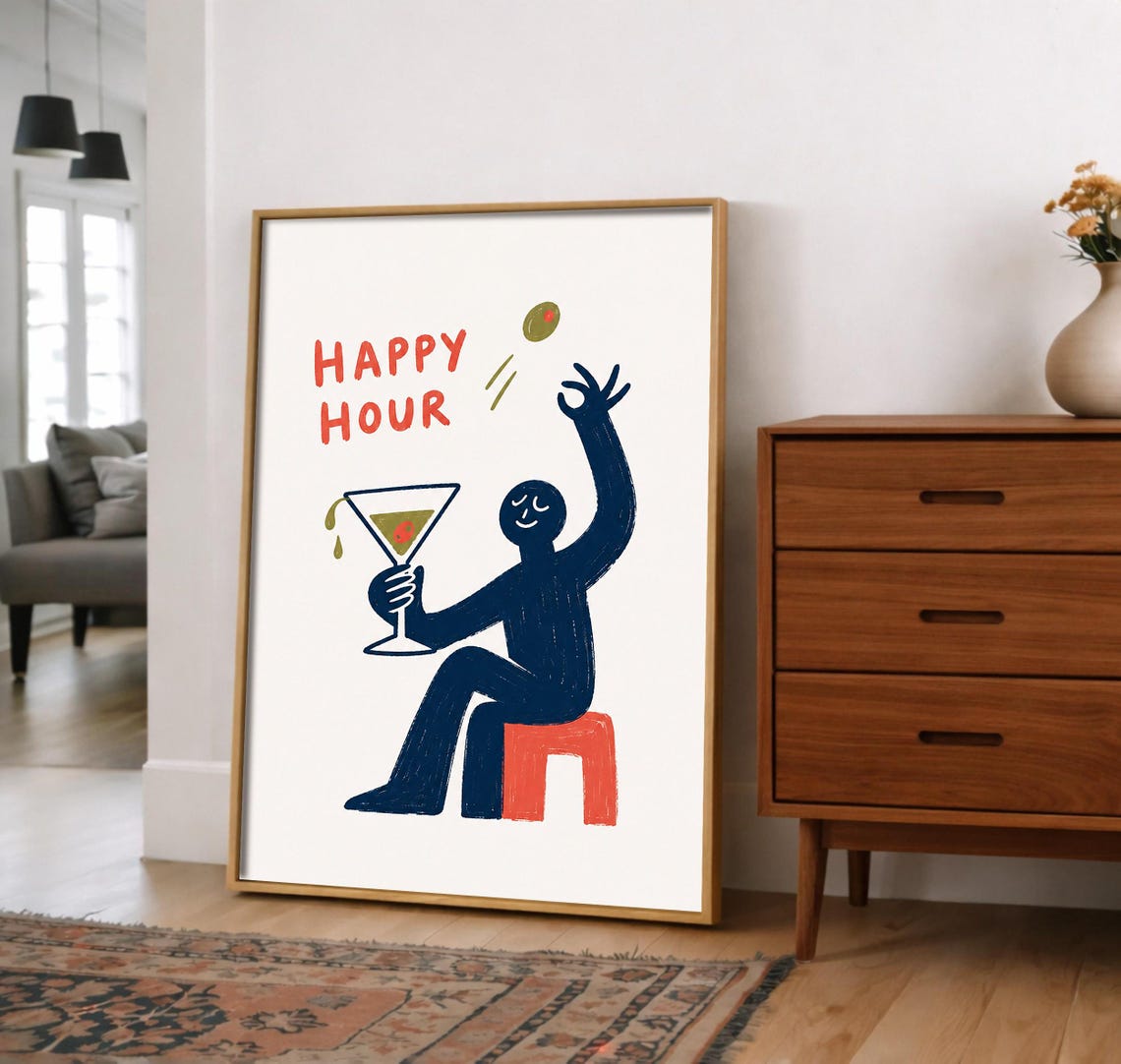 Happy Hour Print Martini Glass Wall Art Cocktail Bar Cart Decor Playful Drink Poster