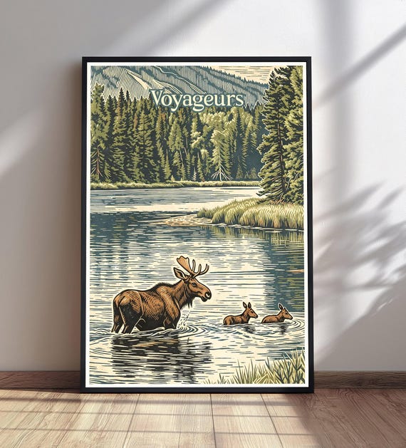 Voyageurs National Park Print Moose Poster Vintage Travel Wall Art Lake House Decor