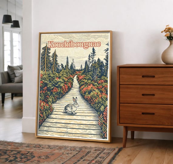 Kouchibouguac National Park Print Vintage Travel Poster Canada Nature Wall Art Rabbit Forest Decor