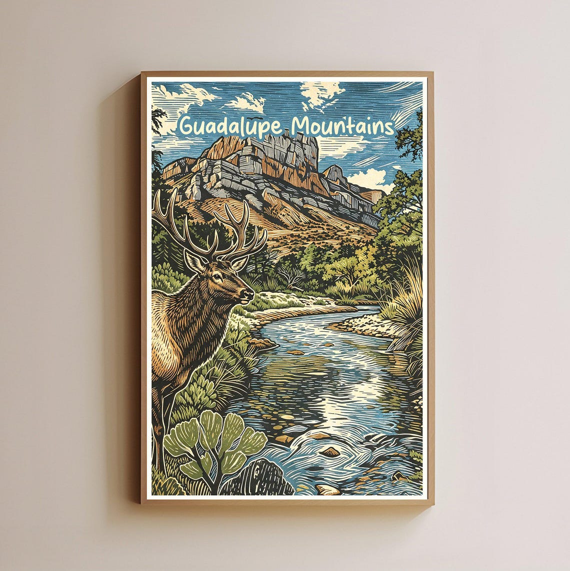 Guadalupe Mountains Elk River Stream Vintage Texas Travel Poster