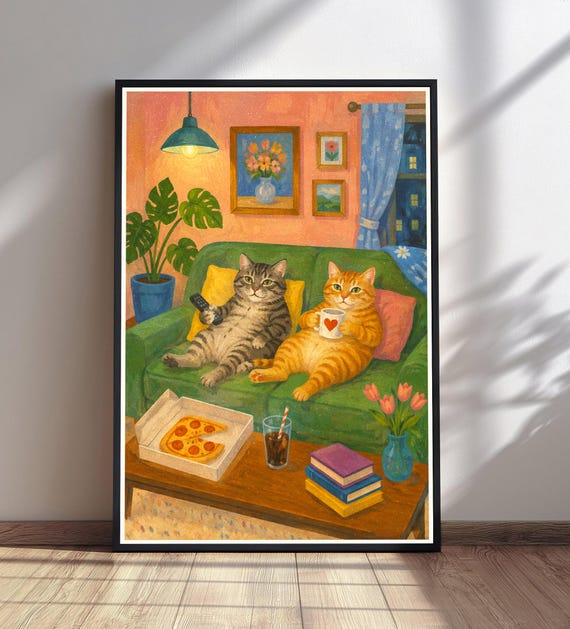 Cats On Couch Art Print Funny Cat Wall Cozy Living Room Decor Pet Lover Gift Animal Illustration